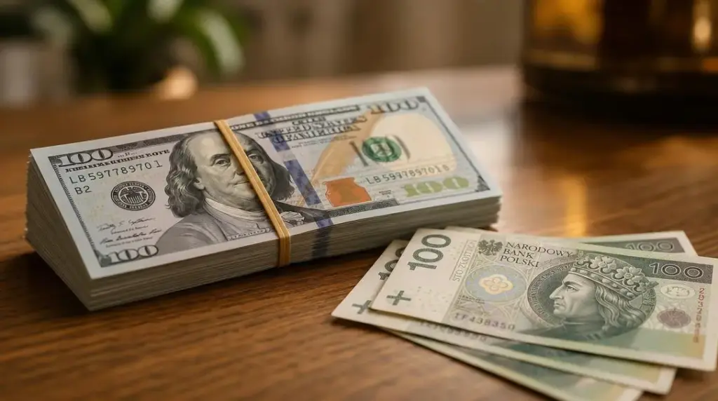 Jaki jest zakres wartości w złotych dla 100 dolarów według podanych kursów?